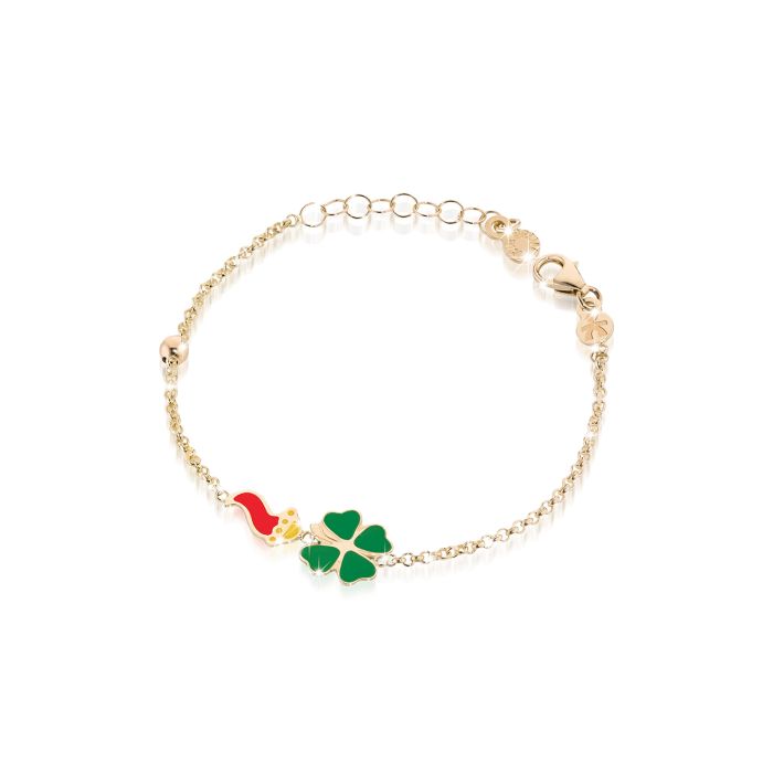 Le Bebé Bracciale Fortuna con cornetto e quadrifoglio in oro giallo