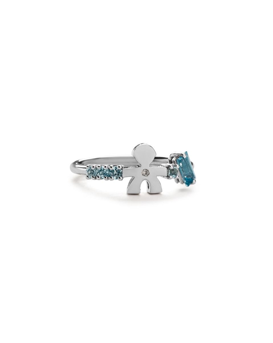 Le Bebé Anello Les Bonbons con sagoma bimbo, in oro bianco con topazio, acquamarine e diamante Soddisfazione Garantita