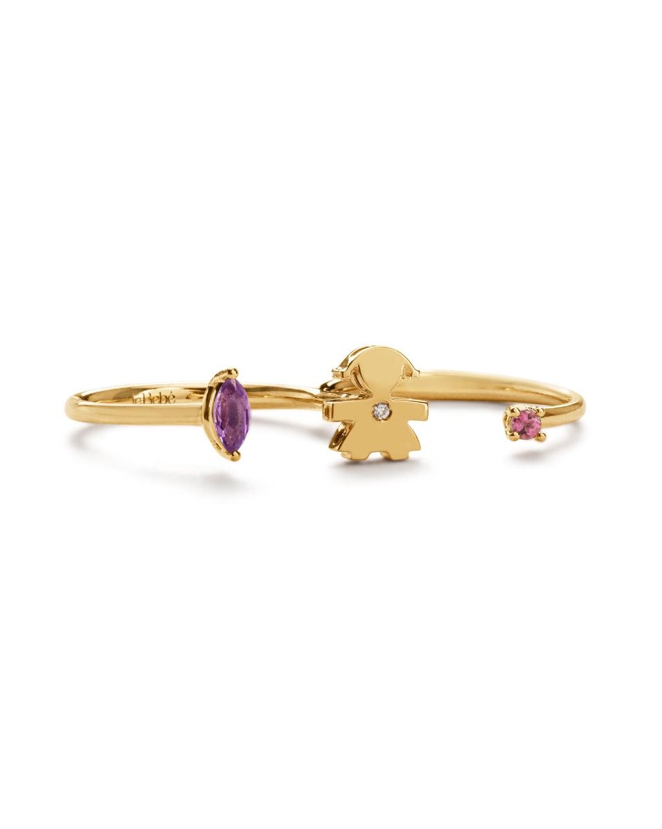 Le Bebé Anello due dita Les Bonbons con sagoma bimba, in oro giallo con ametista, tormalina e diamante Nuova