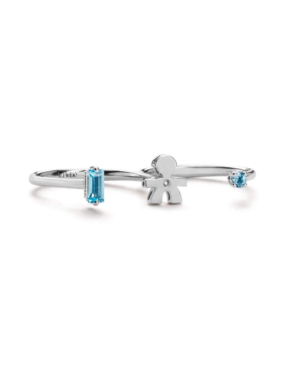 Le Bebé Anello due dita Les Bonbons con sagoma bimbo, in oro bianco con topazio, acquamarina e diamante Moda