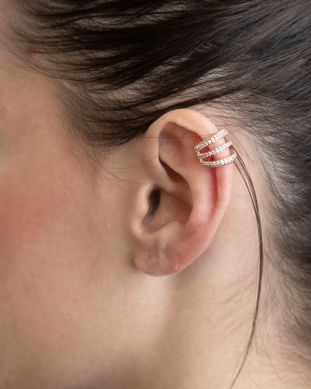 Nove25 EAR CUFF TRIPLE ROSE TIE PLACCATO ORO ROSA Nuova