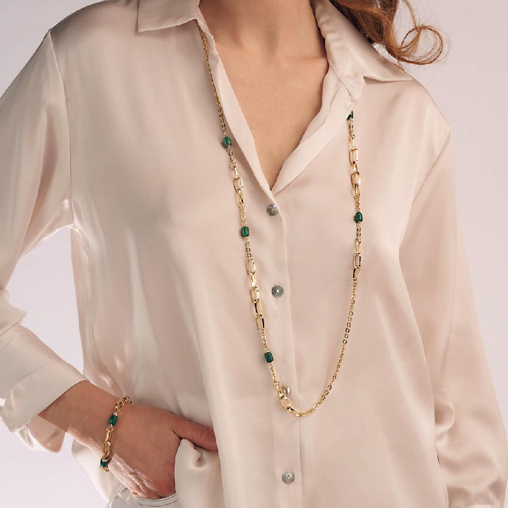 Unoaerre Collana donna lunga in bronzo dorato con malachite verde | UNOAERRE Gioielli In Vendita