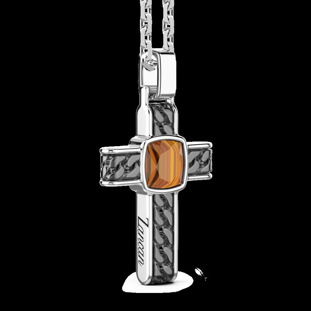 Zancan Collana in argento con pendente a croce e occhio di tigre quadrata Italy