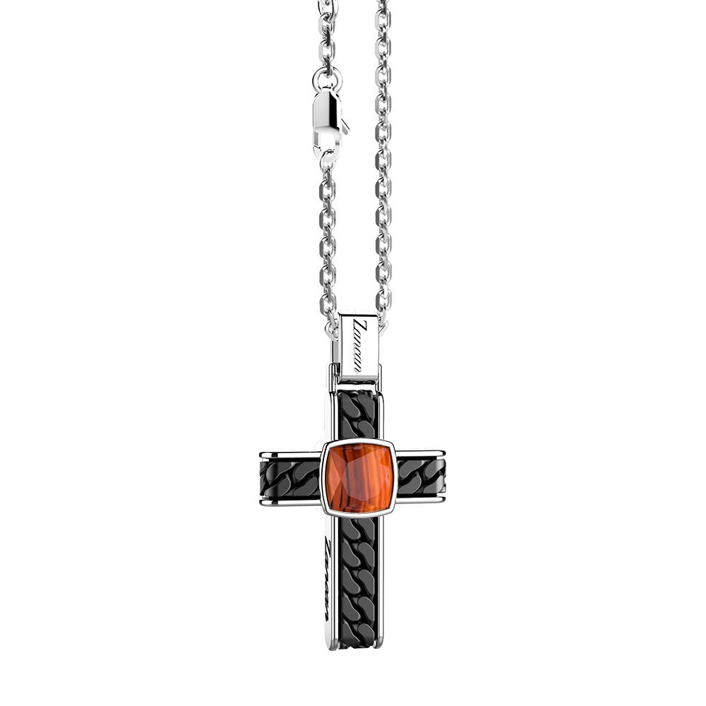 Zancan Collana in argento con pendente a croce e occhio di tigre quadrata Italy
