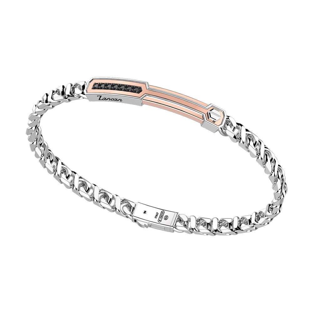 Zancan Bracciale a grumetta Zancan in argento con targa ed inserti in oro rosa e pietre nere Esporta salva