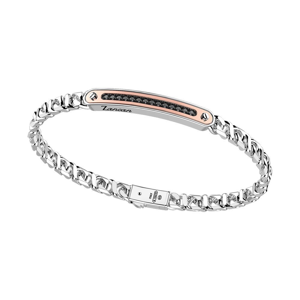 Zancan Bracciale a grumetta Zancan in argento con targa ed inserti in oro rosa e pietre nere Black Friday Prezzi